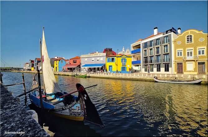 aveiro moliceiro boat canal colorful houses