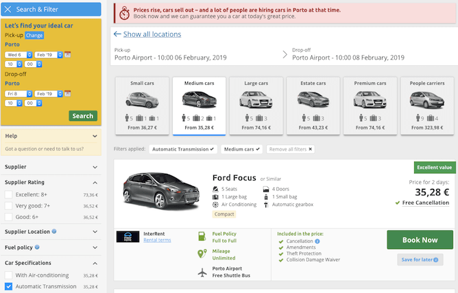 rentalcars user interface