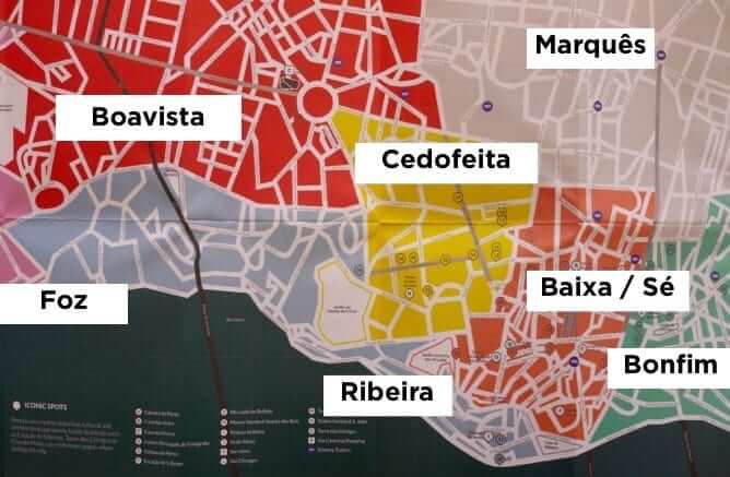 mapa melhores zonas para ficar porto portugal